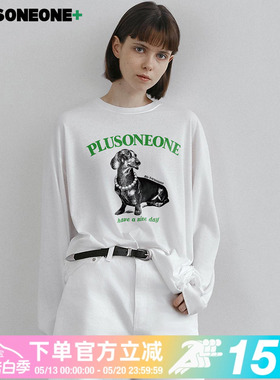 PLUSONEONE秋新款白色纯棉百搭宽松长袖体恤小狗印花长袖T恤上衣