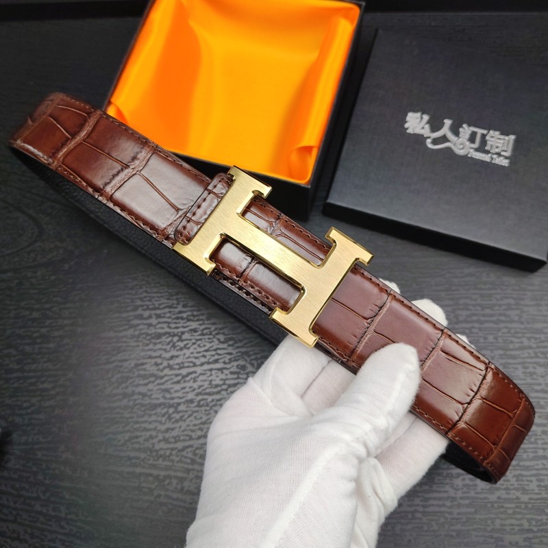 H扣皮带男士高端铜扣头层牛皮棕色鳄鱼纹平滑扣腰带高端商务裤带
