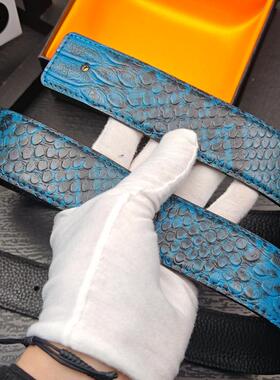 3.7CM无头皮带男头层牛皮宝蓝色蛇纹适配H扣美杜莎青年打孔皮带条