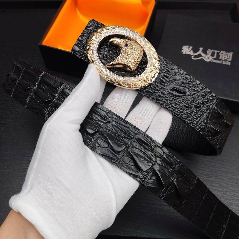 新款鹰扣皮带男真皮高档头层牛皮鳄鱼纹镶钻打孔青年大牌西裤腰带