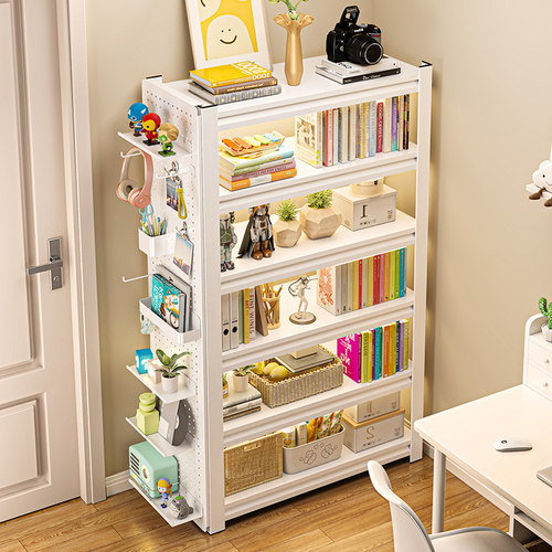 家用钢制书架带洞洞板儿童落地置物架一体靠墙简易书柜铁艺置物架