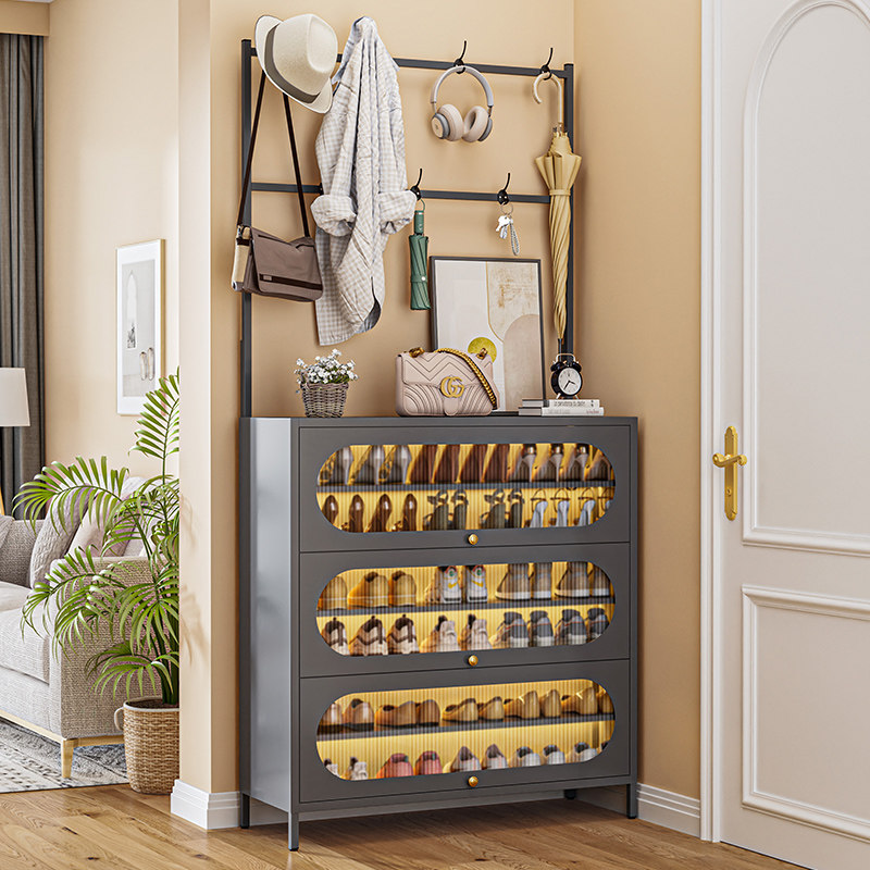 钢制鞋柜家用挂衣架一体靠墙多层落地防尘鞋架入户玄关收纳储物柜,收纳整理,鞋柜,淘宝优惠券,粉丝福利购,淘宝优惠卷