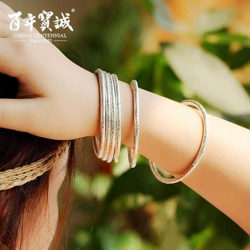 百年宝诚原创999足银手镯女士款波西米亚风时尚气质雕花女式足银