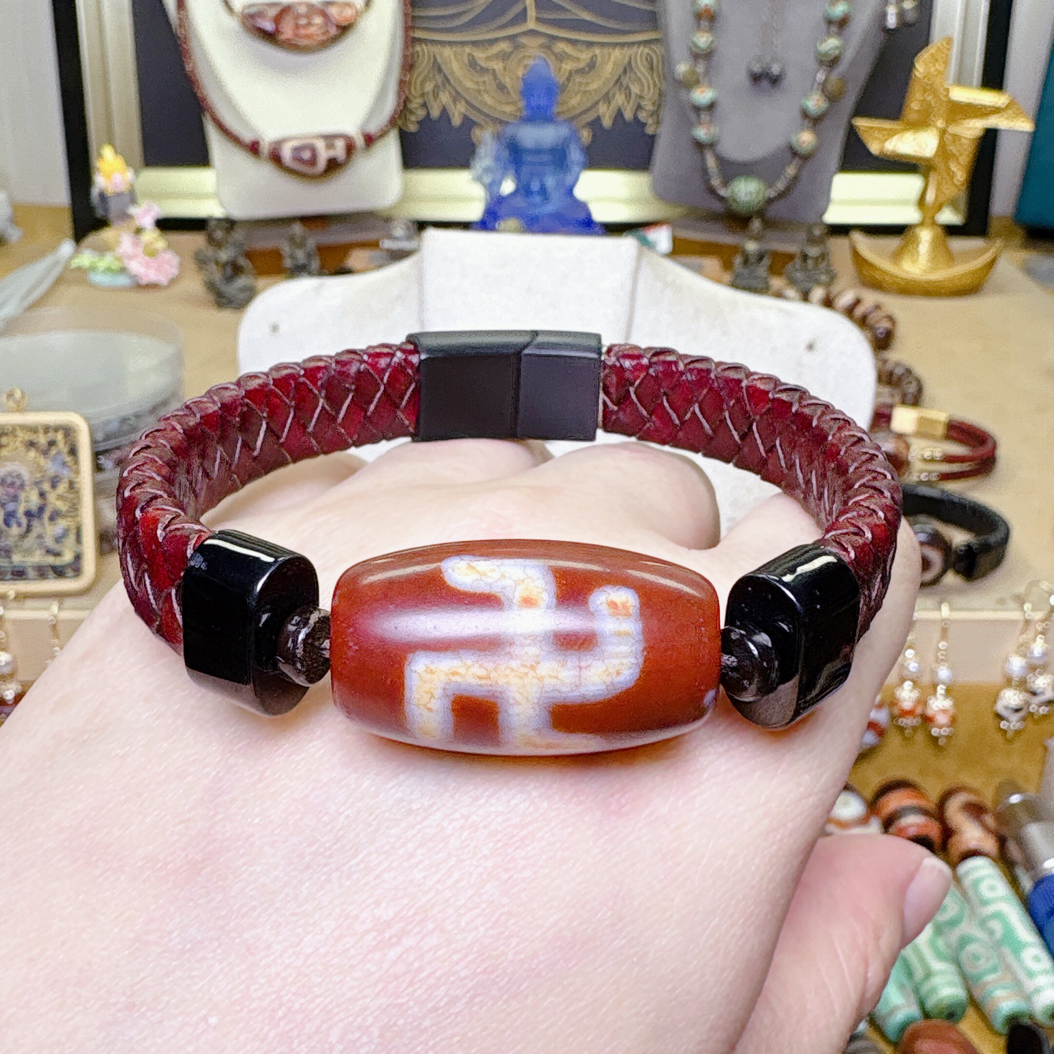 吴老藏红系列卍字天珠大宽版复古红手绳