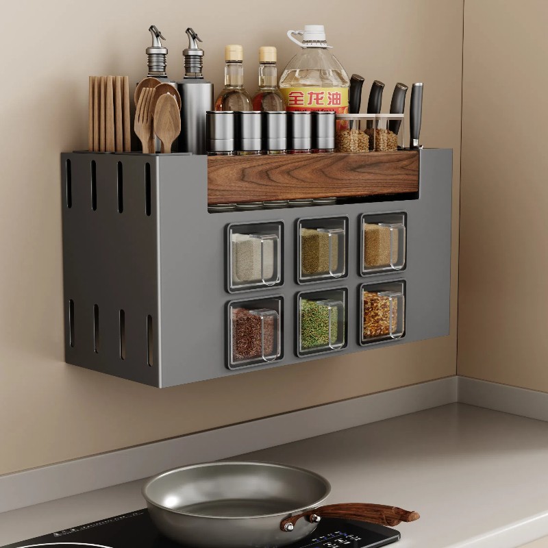 厨房置物架壁挂式多功能调料架刀架胡桃木调味品一体收纳盒收纳架