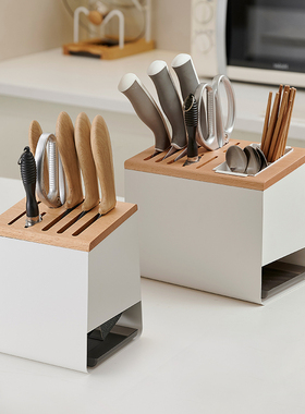 白色厨房刀架置物架实木台面刀具刀座筷子一体收纳架收纳菜刀架子