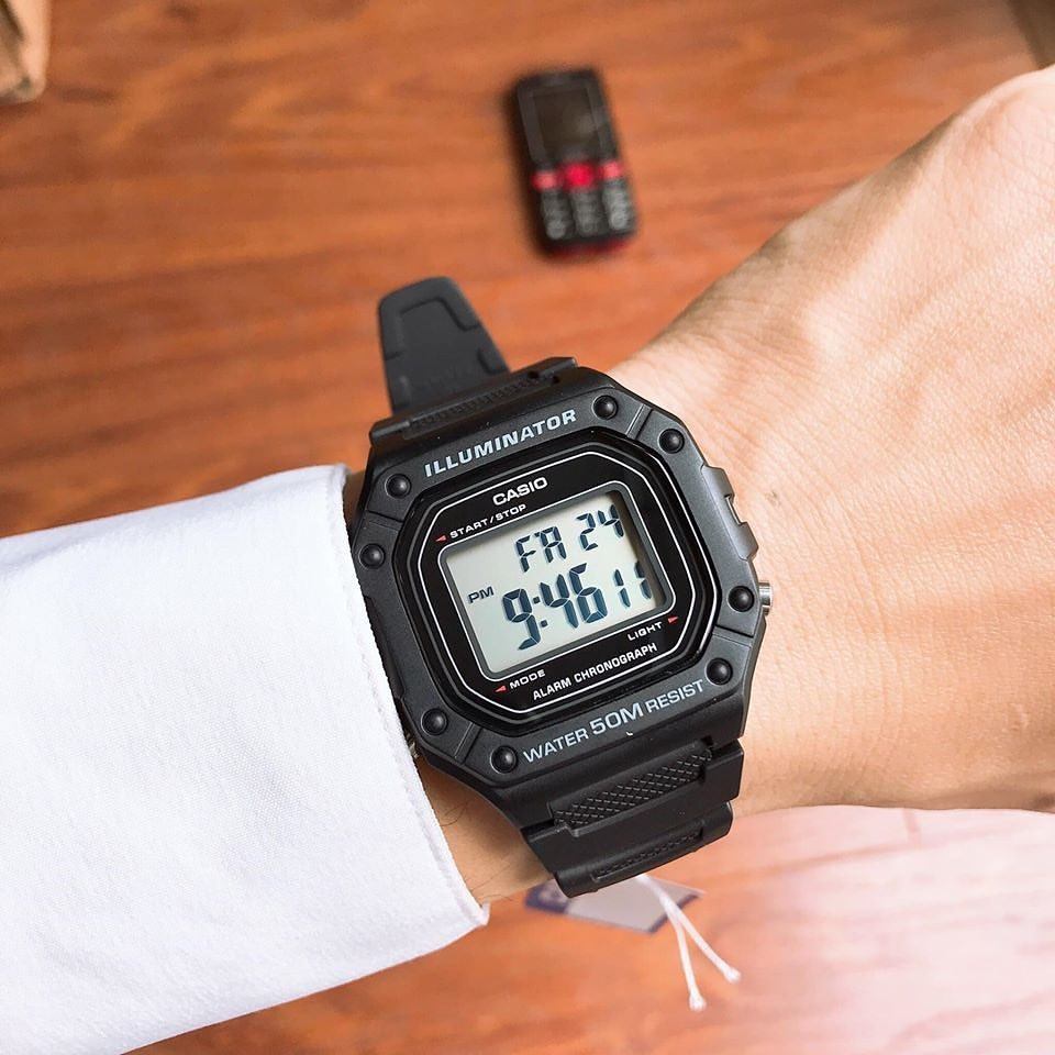casio卡西欧手表男女学生w218h防水运动方块双显电子表w-218h-1a