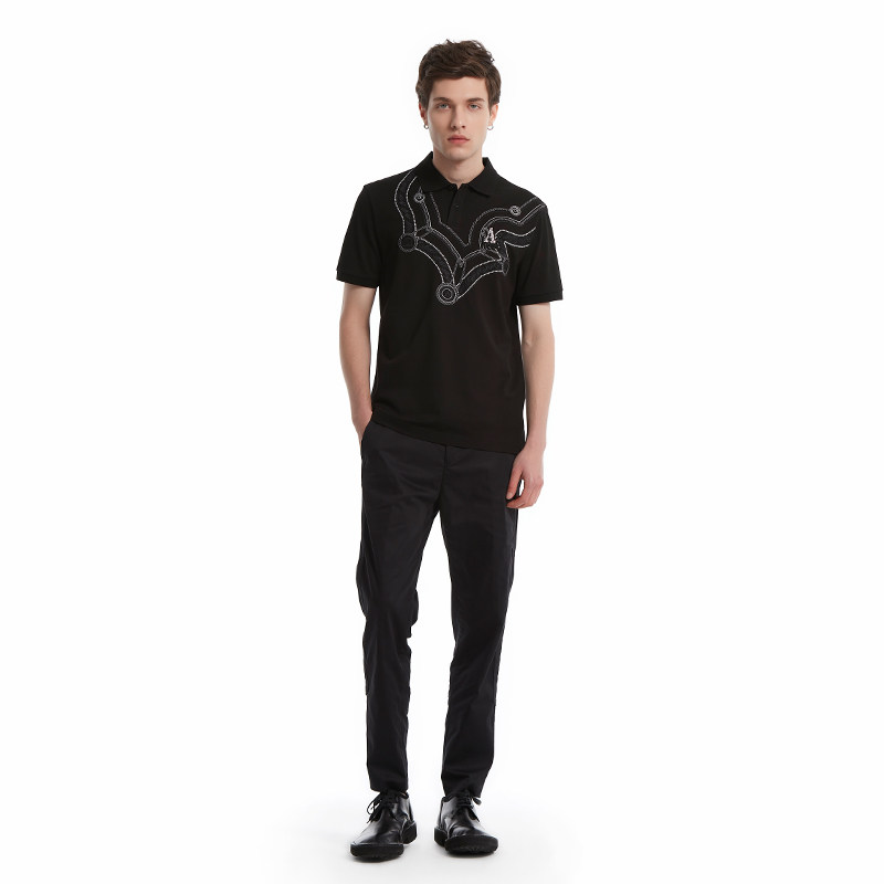 ANDREW MACKENZIE男士夏季款休闲舒适翻领烫钻纯棉短袖POLO衫上衣