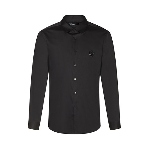 胸前Logo黑色低调长袖翻领衬衫