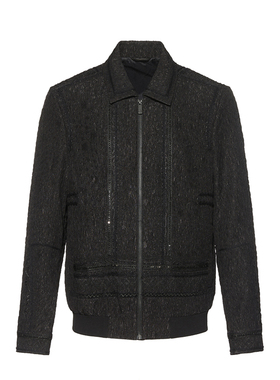 ANDREW MACKENZIE意大利休闲潮流个性纹理宽松拉链翻领黑色夹克