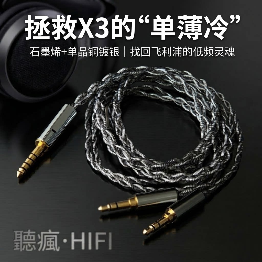 适用飞利浦X3 Fidelio耳机升级线4.4平衡转双3.5石墨烯单晶铜镀银