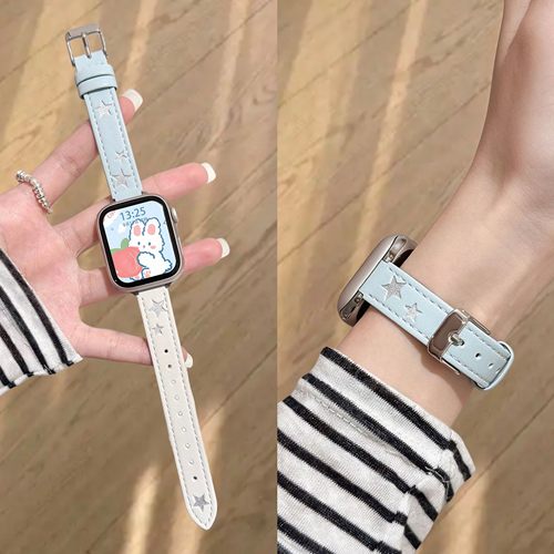 适用小米手环9pro表带皮质星星红米6/5小众苹果手表腕带春夏新款