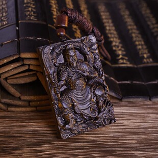 玉化雷击枣木雕刻武财神关公关二爷牌子吊坠项链文玩手把件挂件