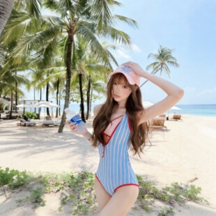 泳衣蝴蝶结蓝色条纹连体泳装 泡温泉海边沙滩性感纯欲比基尼 女款