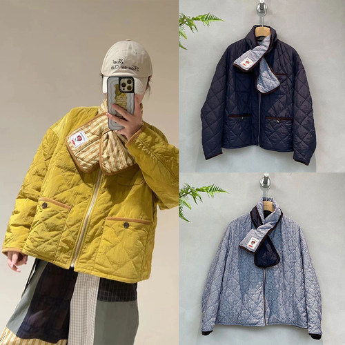 法式小众 2025秋冬新轻薄文艺两面穿绗线菱格廓形围巾圆领棉服