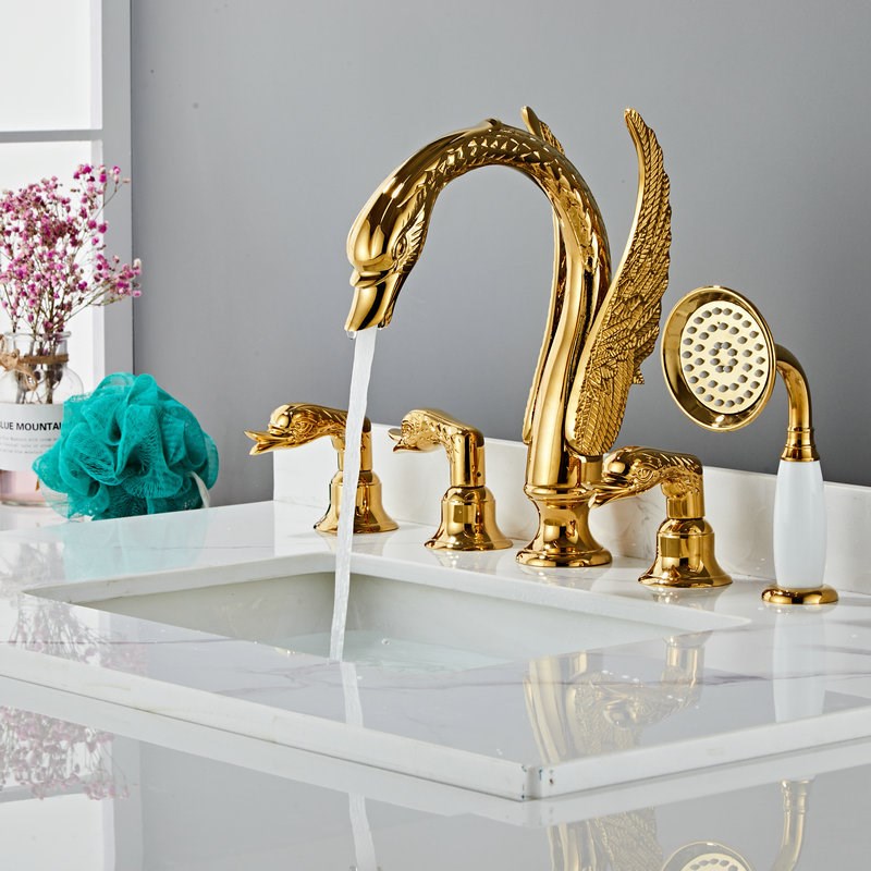 金色天鹅面盆水龙头酒店浴缸水龙头镀金冷热分体式洗脸盆水龙头