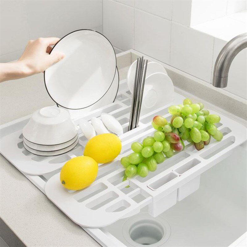 厨房水槽沥水架白色简约家用洗碗池可伸缩碗盘控水置物架