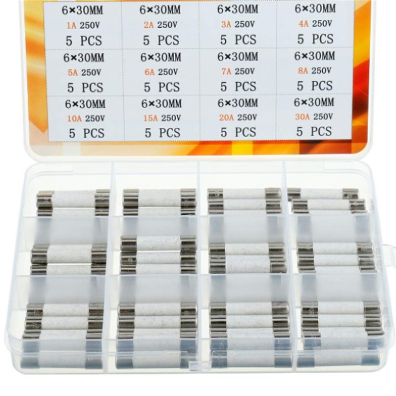 60Pcs 6x30mm1A2A3A4A5A6A7A8A10A15A20A30A陶瓷保险丝管分类套件
