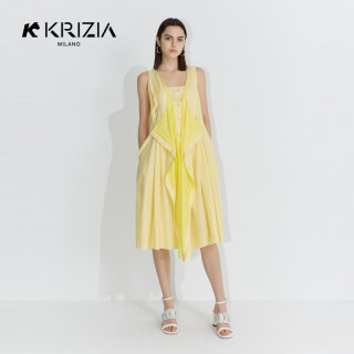 K KRIZIA 秋季新品黄色拼接优雅无袖A字真丝双色连衣裙