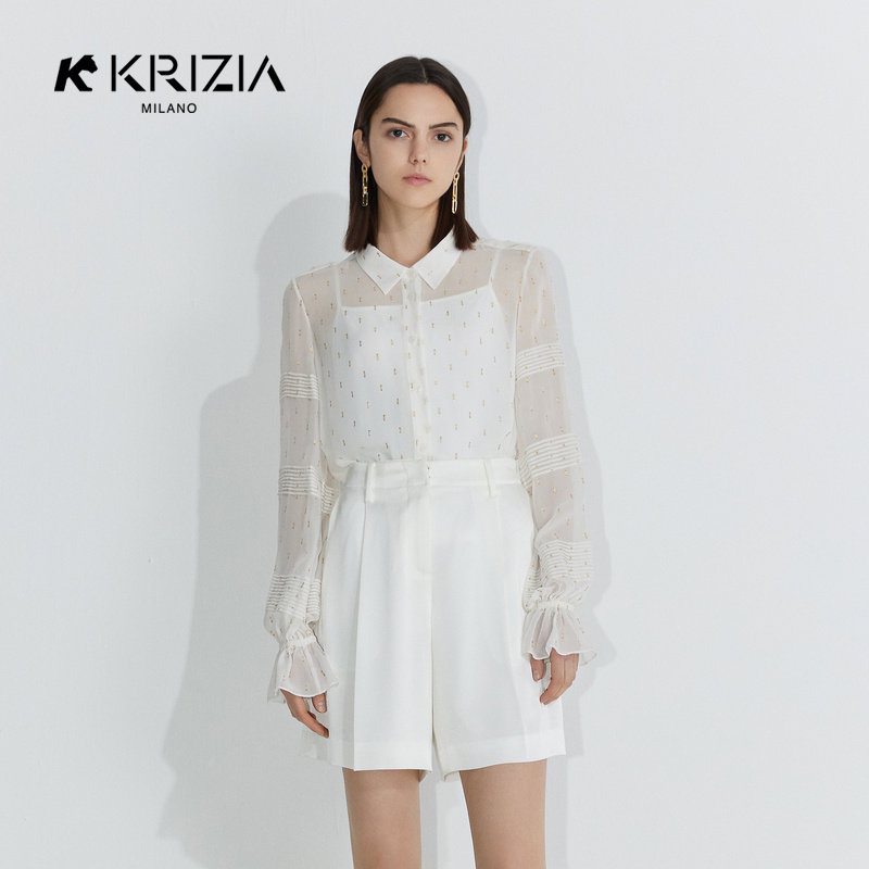 k krizia 新品白色雪纺金丝灯笼袖宽松透明真丝白衬衫女