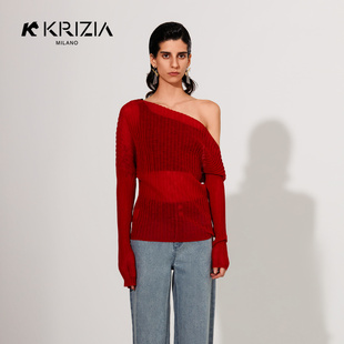 红色褶皱露肩设计透视修身 性感羊毛针织衫 KRIZIA2022秋新品 女