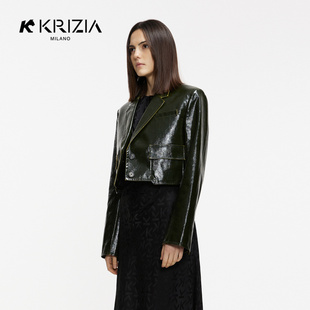 箱型PU皮夹克皮衣外套女 新品 截短式 渐变绿时尚 KRIZIA