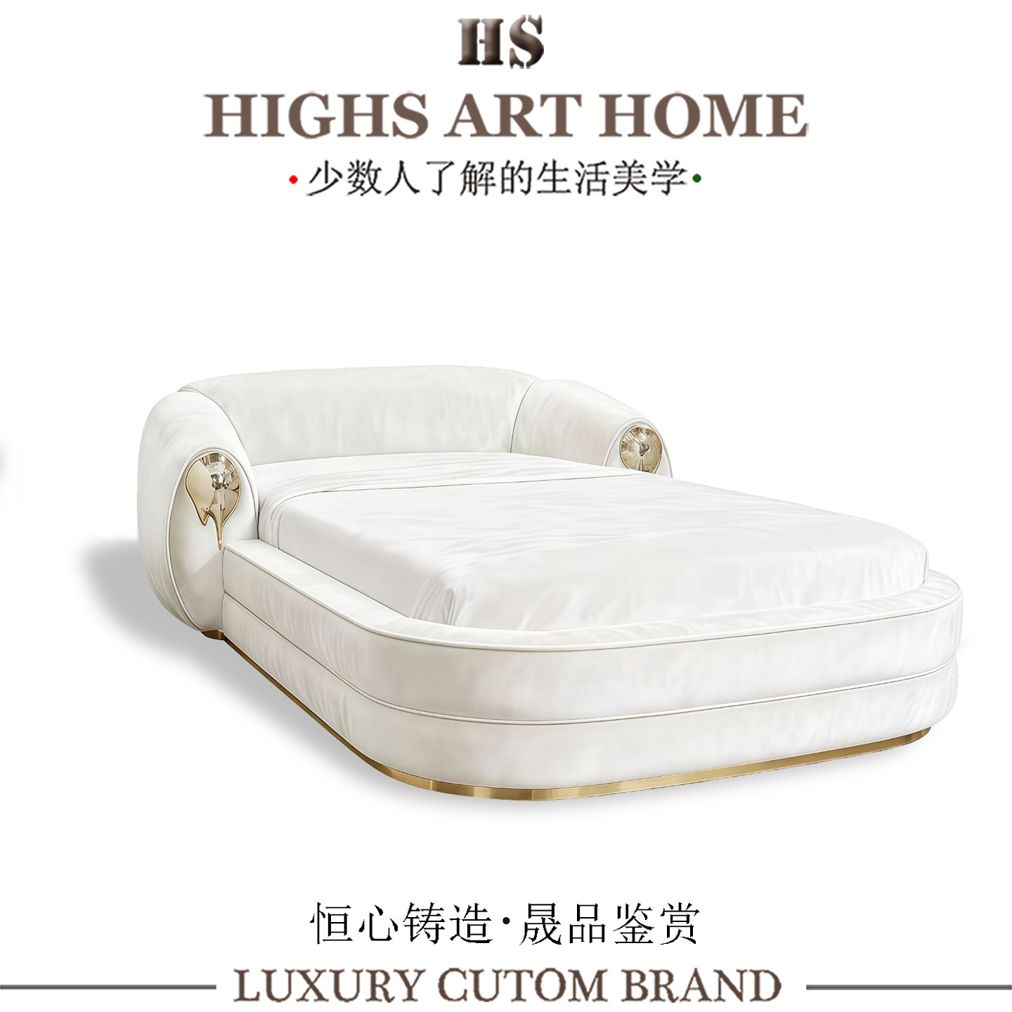 意式轻奢创意布艺双人床设计师别墅豪宅卧室艺术高级实木黄铜婚床