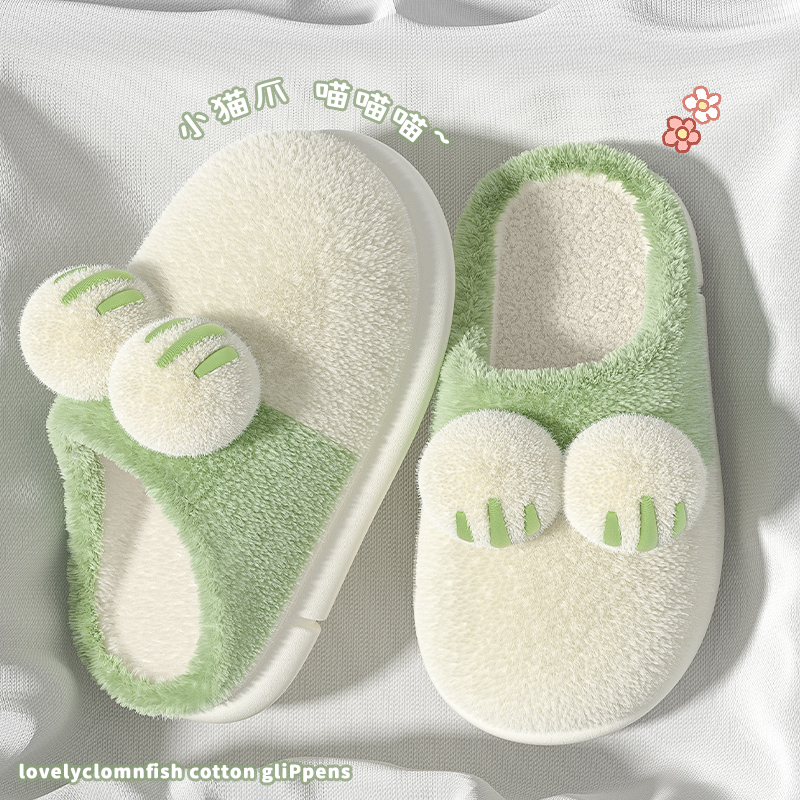 可爱猫爪棉拖鞋女秋冬季居家室内厚底防滑软底情侣毛绒保暖棉鞋男