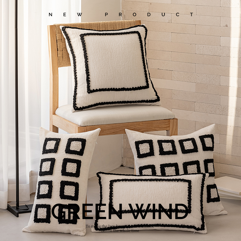 风也绿 黑白简约方块抱枕套不含芯方枕民宿靠枕卧室靠垫沙发抱枕