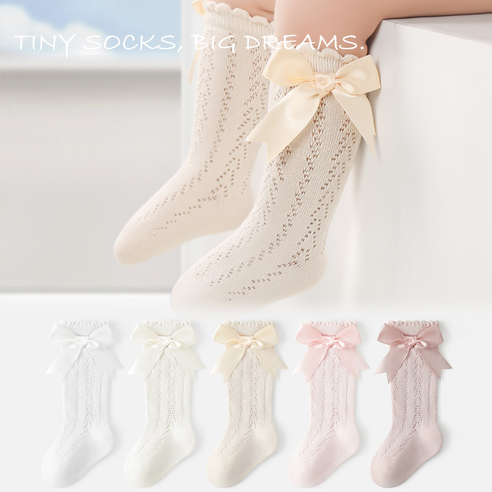 婴儿袜子长筒夏季薄款中高筒网眼透气女童宝宝防蚊公主无骨蝴蝶结
