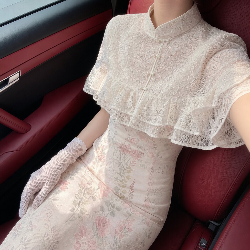 春夏新款千金设计感印花旗袍连衣裙高棉蕾丝显白修身显瘦温柔披肩