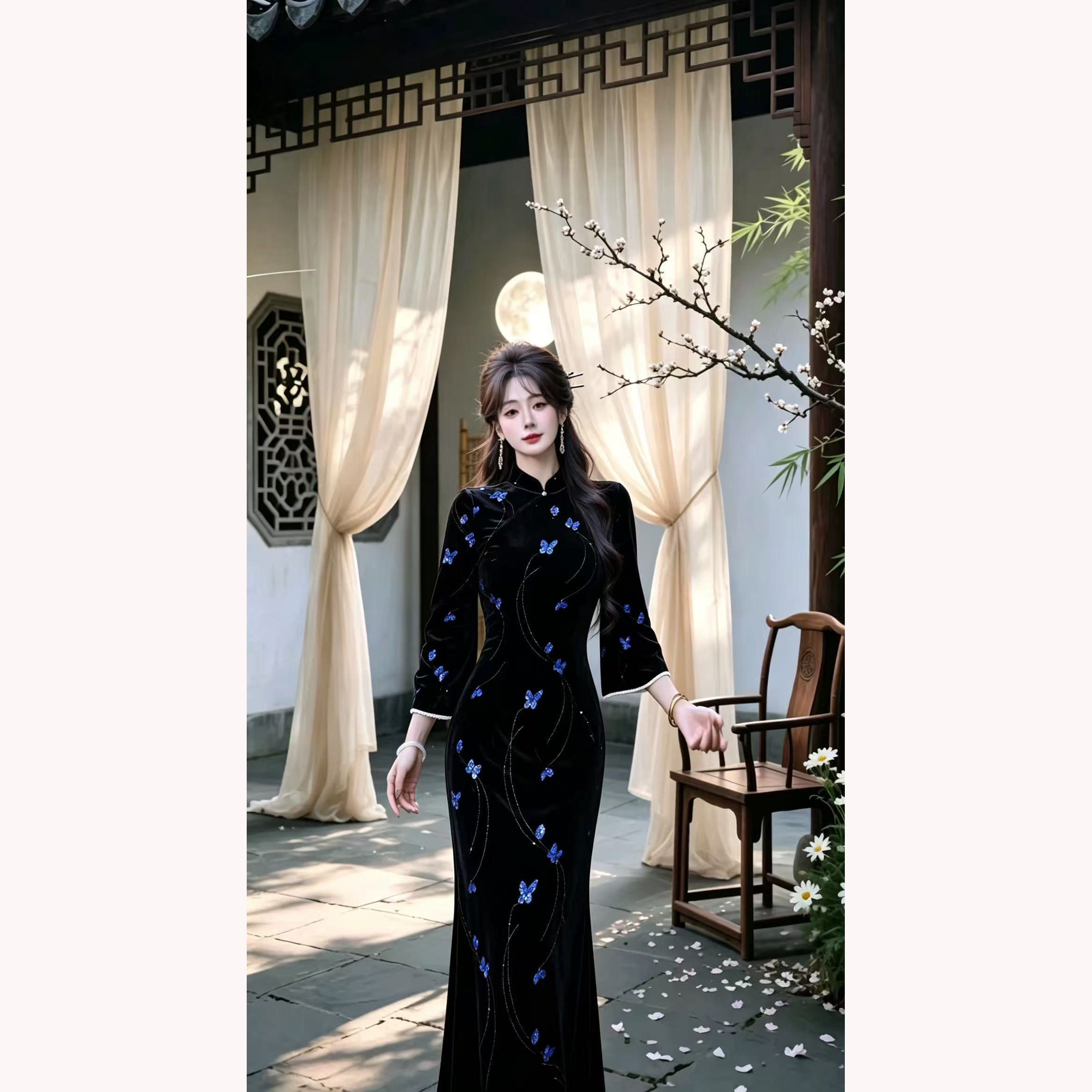 【幽蓝蝶梦 -加绒】潇夫人自制新中式国风显瘦改良旗袍气质连衣裙