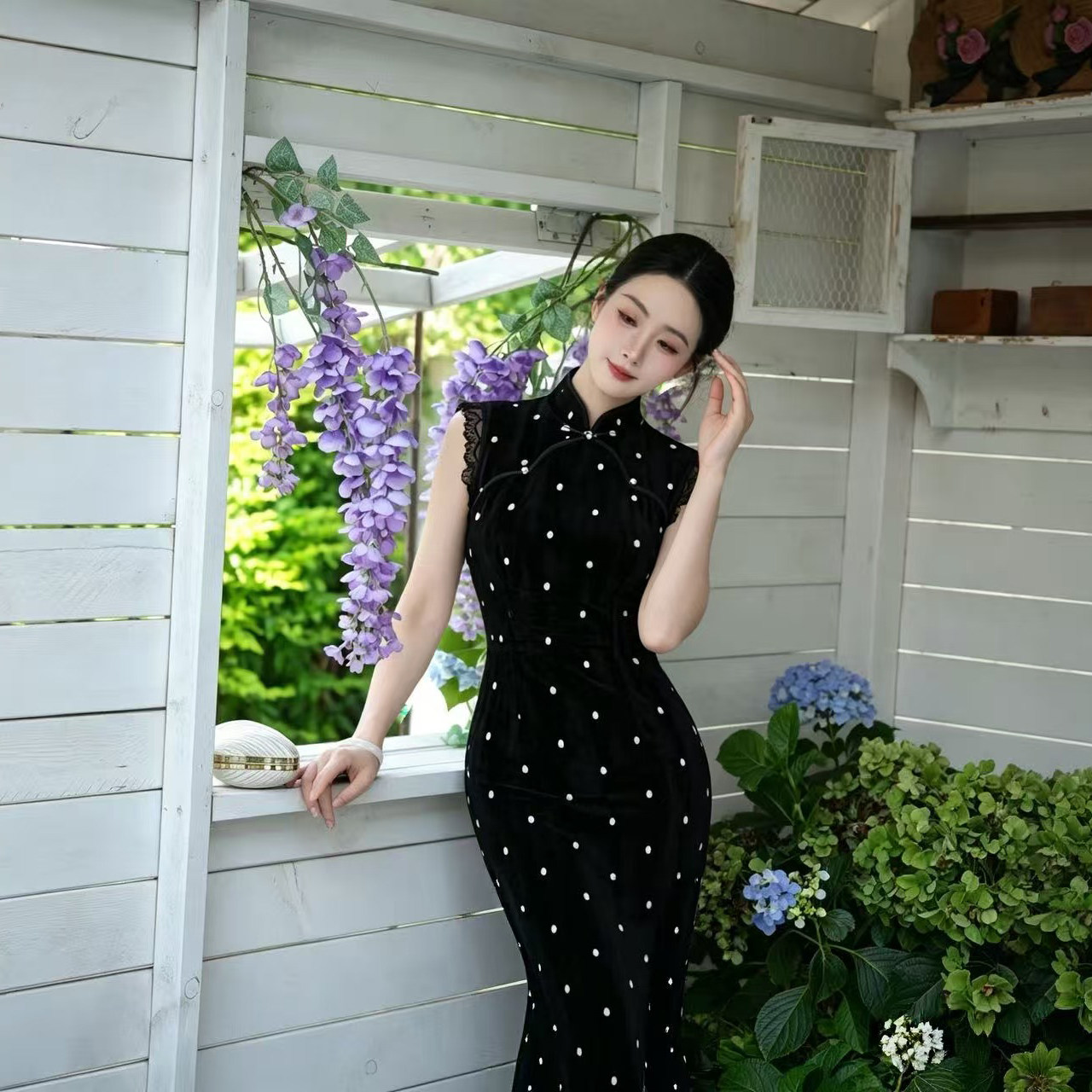 【星绒阙】潇夫人自制新中式无袖丝绒波点中长旗袍裙气质黑色连衣