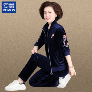 罗蒙中年妈妈秋装运动服金丝绒套装新款中老年女士秋季休闲三件套