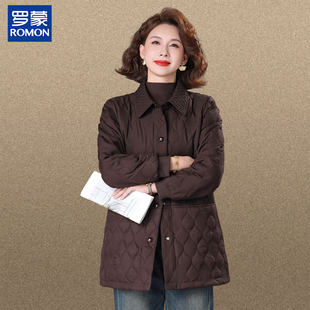 罗蒙品牌妈妈冬装菱格绗缝轻薄棉服中老年女秋冬季中长款百搭外套