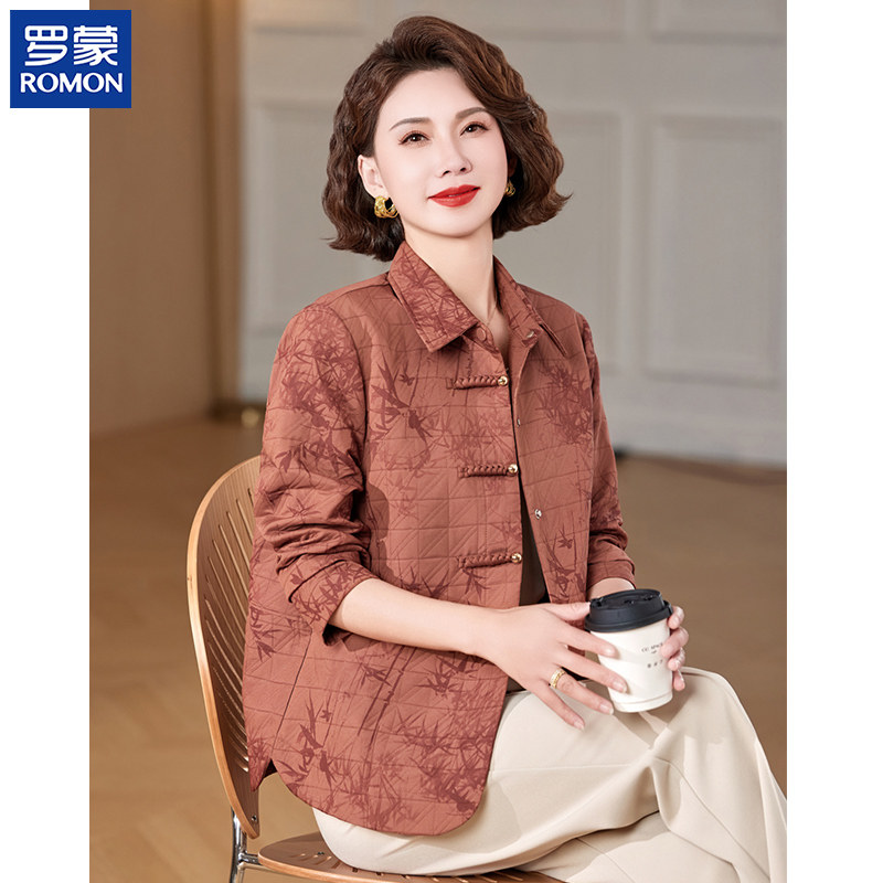 罗蒙洋气妈妈秋装外套新中式衬衫领提花上衣中老年女装秋季夹克衫