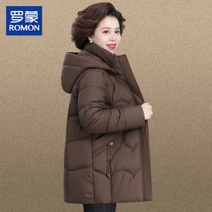 罗蒙品牌妈妈秋冬装棉服连帽外套中老年女士冬季保暖棉衣袄中长款