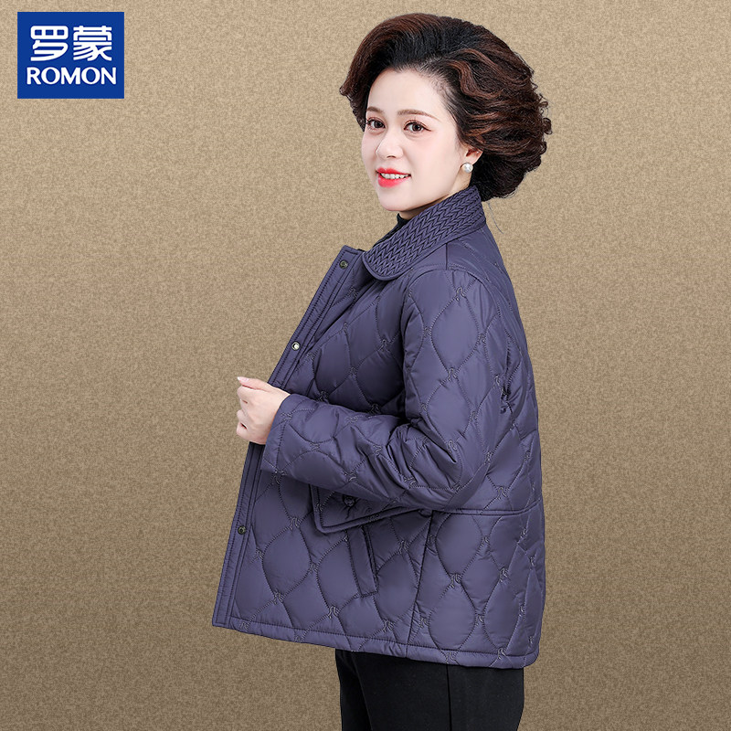 罗蒙正品妈妈秋装夹棉外套新款中老年女装翻领老太太保暖轻薄棉袄