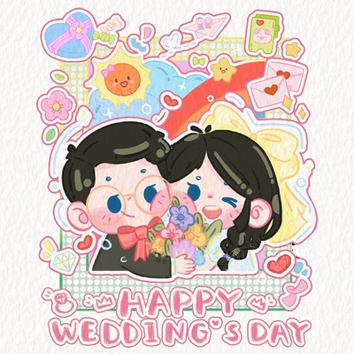 情侣头像手绘婚纱照Q版卡通画婚礼人形立牌迎宾插画设计真人定制