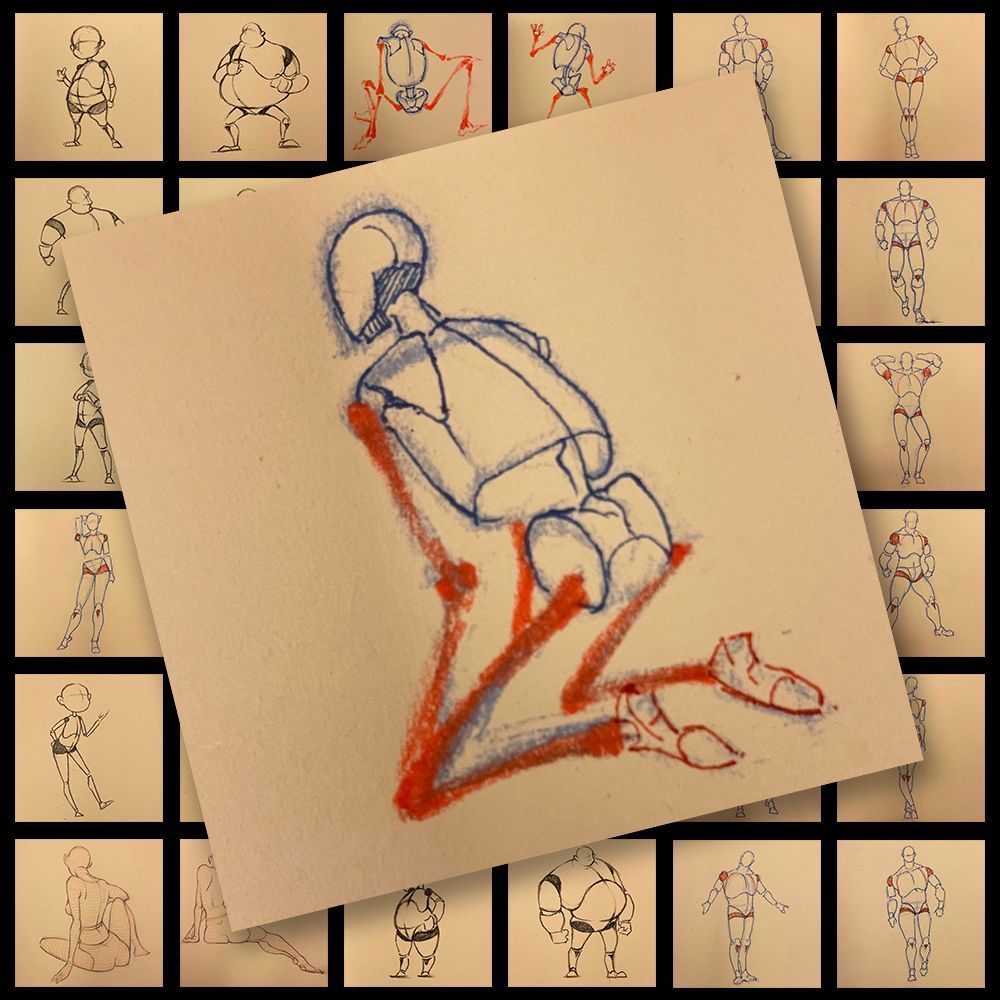 162张oc人体动态速写素材贴纸美术生柴体结构动作设计教程diy贴画