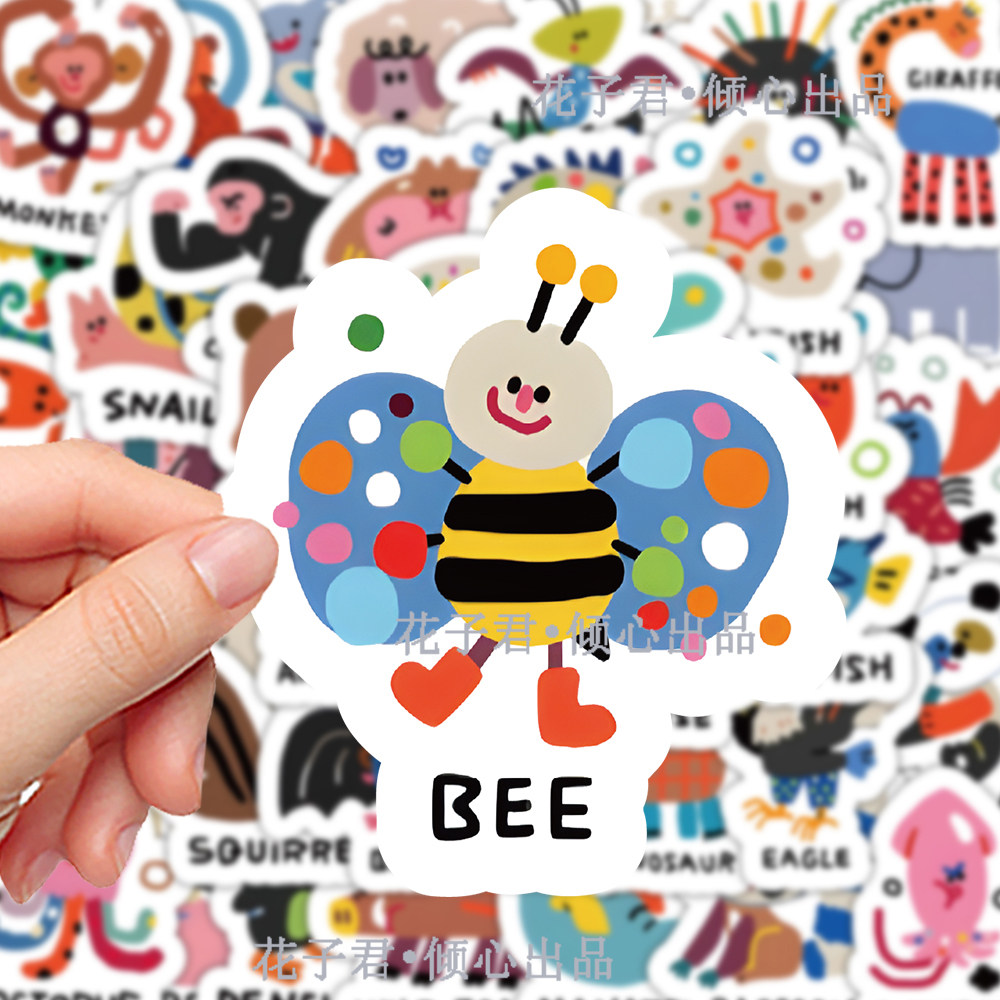 192张简笔画小动物英文涂鸦贴纸学习英语单词彩绘儿童益智贴画