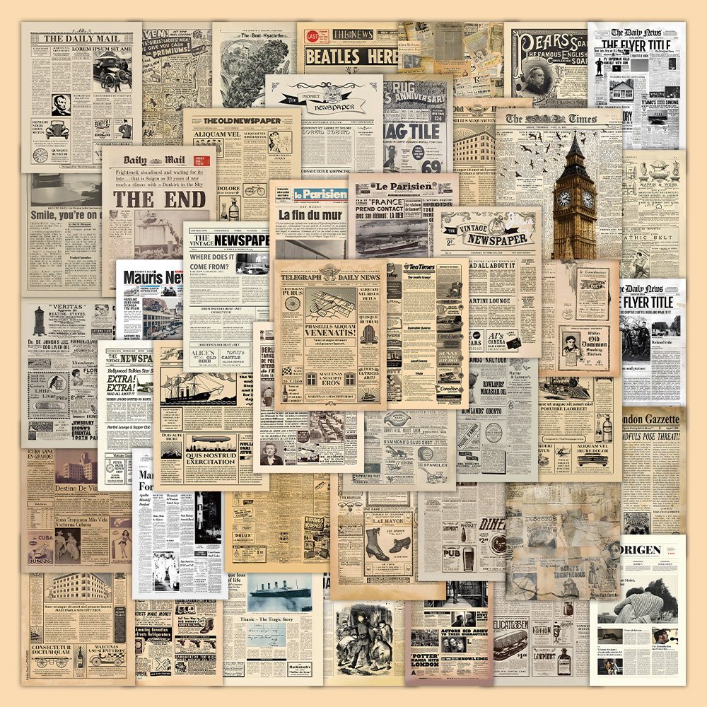 120张复古报纸贴纸艺术装饰贴画墙面桌面手账本复古欧式防水贴贴