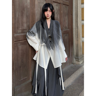 FG721 原创山本耀司风上衣女新中式道袍扎染绑带长袖衬衫外套中性