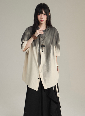 FG721新中式上衣女夏季薄款设计感小众扎染衬衫山本风短袖衬衣T恤