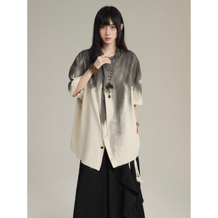 FG721新中式上衣女夏季薄款设计感小众扎染衬衫短袖衬衣T恤