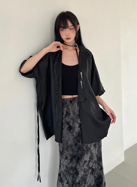 FG721山本风衬衫女日系中性绑带设计感小众衬衣宽松黑色短袖上衣
