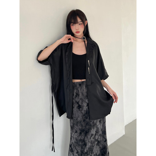 FG721 原创衬衫女日系中性绑带设计感小众衬衣宽松黑色短袖上衣