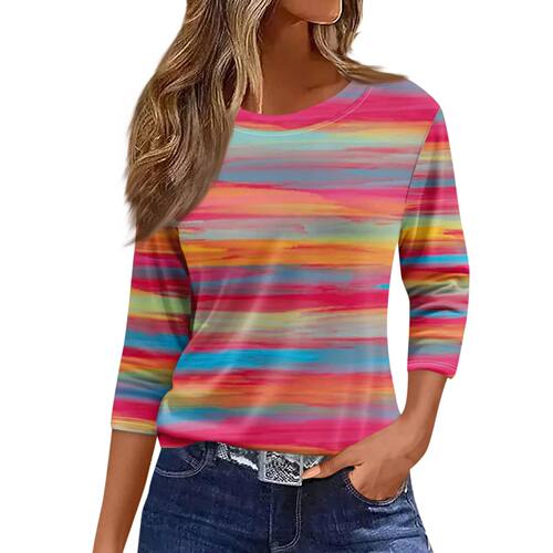 Printed seven quarter sleeve top for women印花圆领七分袖上衣