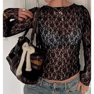 long neck sleeved top 上衣女 Lace women蕾丝圆领套头长袖 round