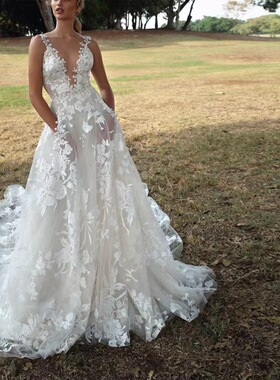 V-neck lace floral backless long skirtv领蕾丝花朵露背长裙女